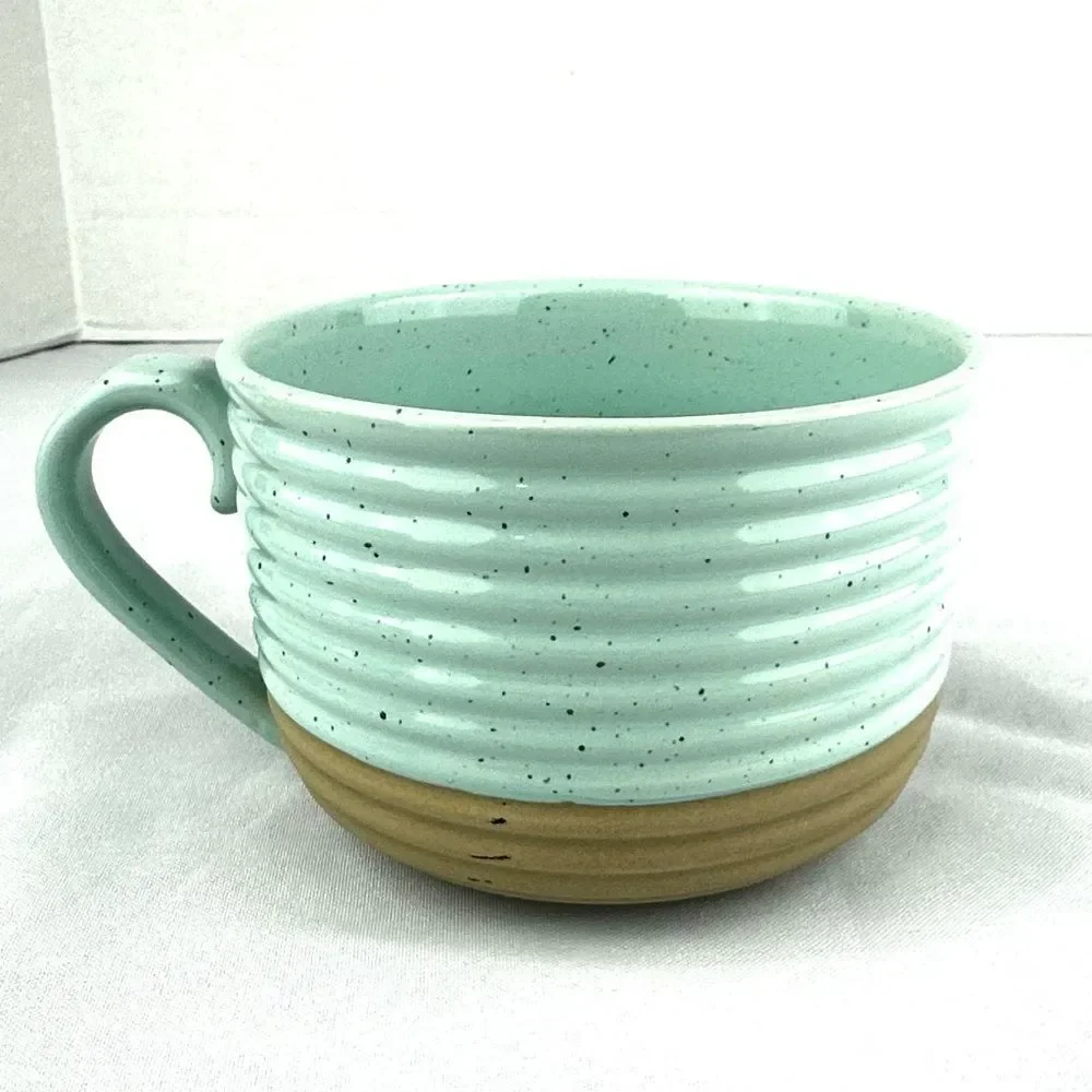 Set of 3 Ceramic Bowl and Large Soup Mugs Blue and Tan